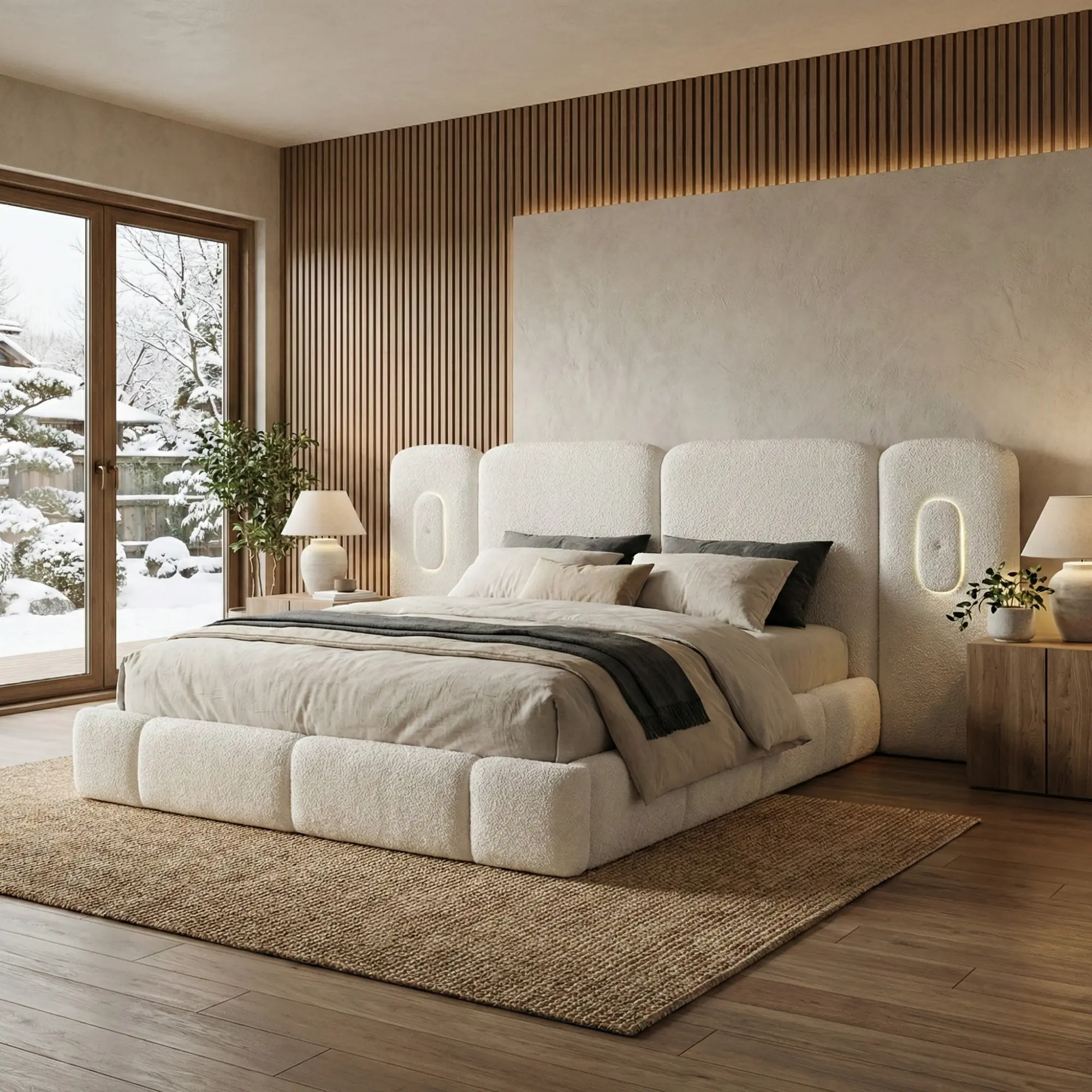 Newhaven Bed, Contemporary Ivory Boucle Upholstered Platform Bed with LED Lighting by FOA