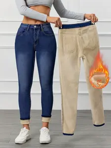 Women's High Elasticity Fleece Lined Thick Denim Jeans, Fall & Winter Fashion, Comfortable Slimming Jeans, Elegant Style# snow#snowstorm#winter#winterstorm#snowday#cold