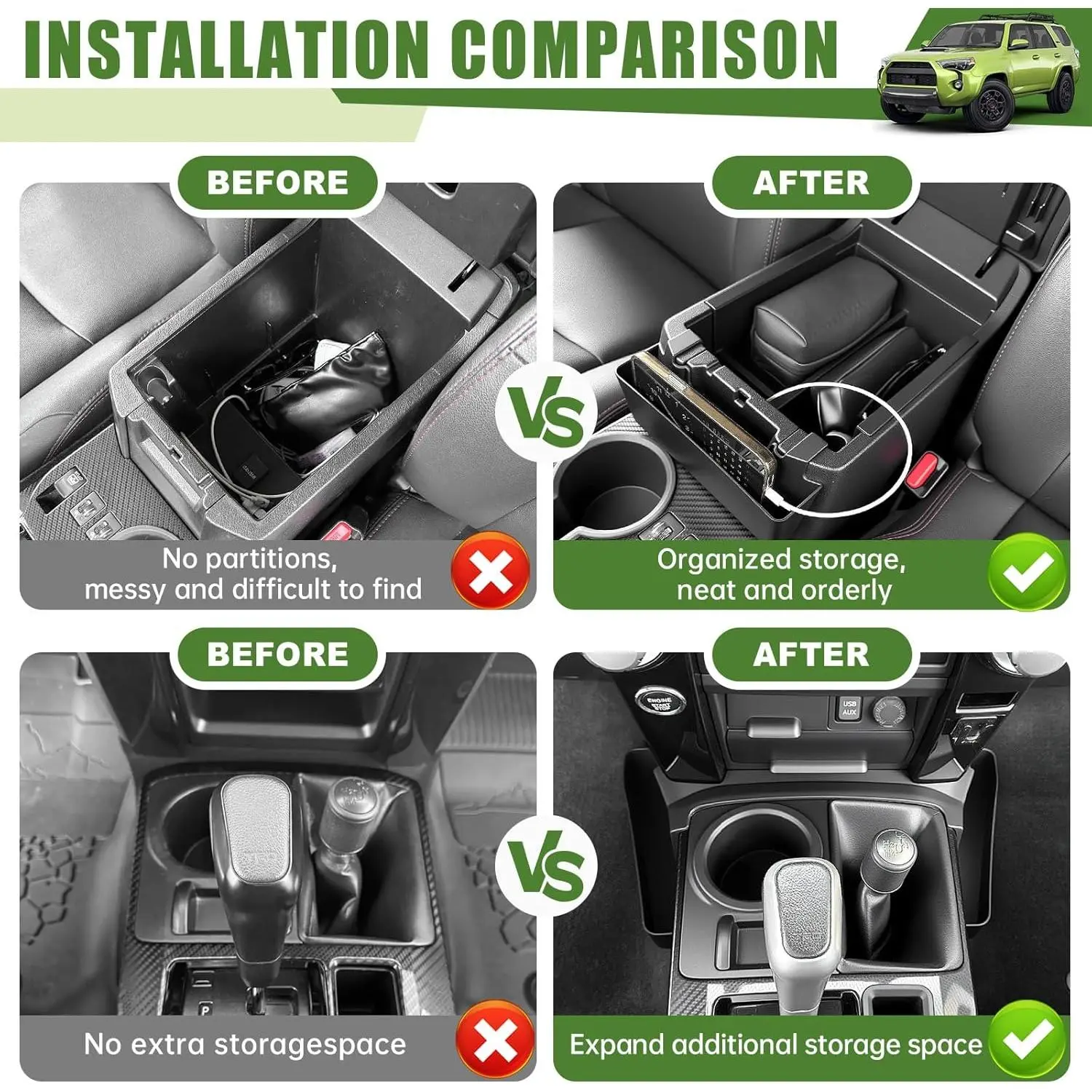 3PCS Center Console Organizer for 2010-2024 Toyota 4Runner, Car Storage Accessories with Hanging Gear Shift Side Tray & Insert Armrest Box, Console Shifter Tray(10-24)