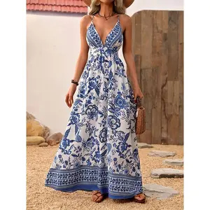 Vibrant Tropical Print Halter Dress for Women - Backless V-Neck, Split Thigh, Polyester, Machine Washable - Perfect for Summer Beach Vacations, Stylish Outdoor Wear |   Aline Silhouette |   Woven Design, Beach Dress