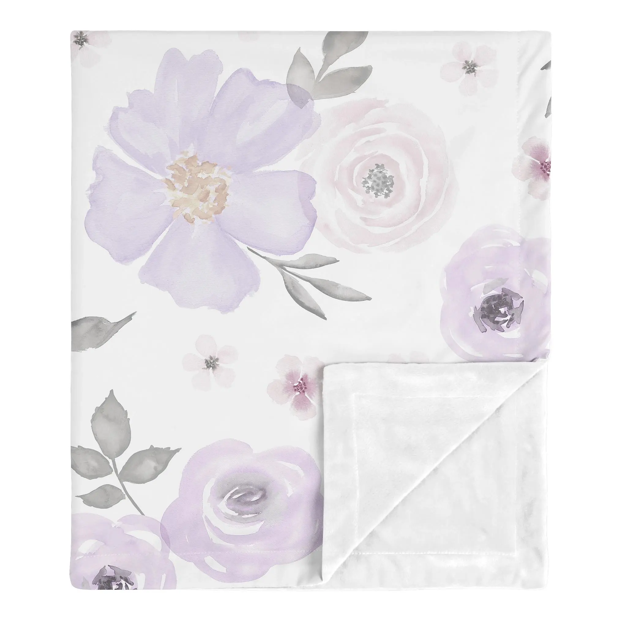 Sweet Jojo Designs Shabby Chic Rose Flower Watercolor Floral Baby Girl Receiving Security Swaddle Blanket for Newborn or Toddler Nursery Car Seat Stroller Soft Minky - Lavender Purple, Pink and Grey