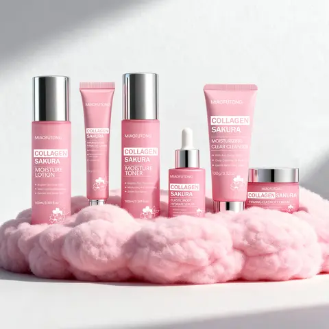 Collagen Sakura Skin Care Set - Cleanser, Lightweight Moisturizer, Sakura Extract, Bifida Ferment Filtrate, Morning Routine, Daily Facial Routine, Deep Hydration, All Skin Types, Free Storage Pouch, Gift Box Assortment, Valentine’s Day Gift