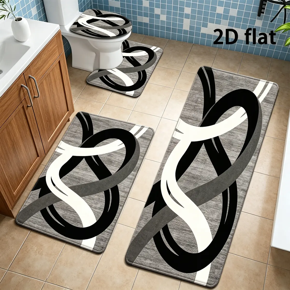 DearTex 3-4pcs Geometric Curved Line Thick Modern Flannel Bath Rug Set - Anti-Skid Custom-Shaped Non-Slip Rubber Water-Absorbent Mats with Washable U-Shaped Toilet Lid Cover Bathroom Accessories, Anti-Skid Bath Mats, Custom-Shaped Bath Mats