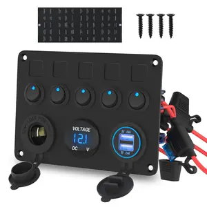 Eunik 5 Gang Rocker Switch Panel UL Listed 12 Volt ON-Off Switch Panel Blue LED with Inline Fuse & 4.8A USB Charger Socket & Digital Voltmeter & 12V Cigarette Lighter Socket for Marine Boat Car