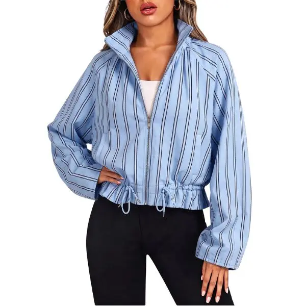 Fisoew Women's Vertical Striped Cropped Jacket, Stand Collar Full Zip Drawstring Hem Raglan Long Sleeve Casual Lightweight Outerwear Coat