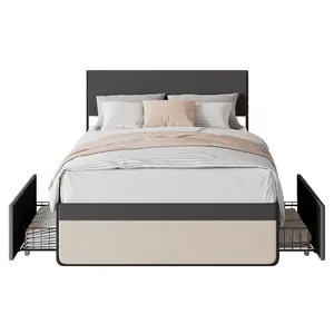 Queen Upholstered Platform Bed with 2 Storage Drawers – Linen Fabric, Steel Frame, Noise-Free, No Box Spring Required