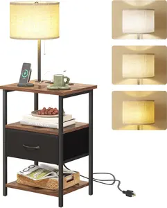 Nightstand with Lights Bedside Table with 3 Color Temperatures Bulb, Night Stand with Charging Station End Table with Adjustable Fabric Drawer for Bedroom Dorm