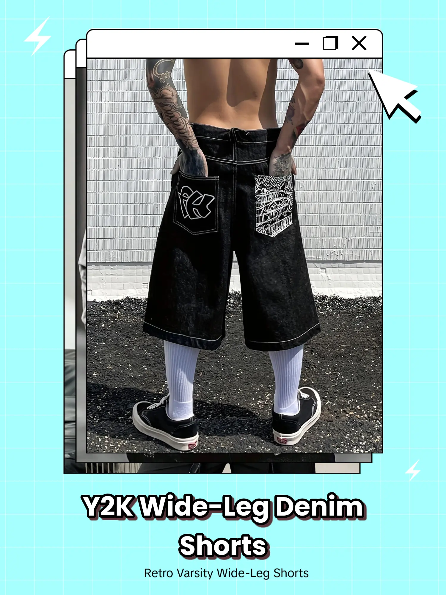 Y2K millennium-style wide-leg denim shorts for summer street style—retro varsity-inspired design with contrasting topstitching and a graphic back pocket embroidered patch; fashionable and versatile. Vintage Casual