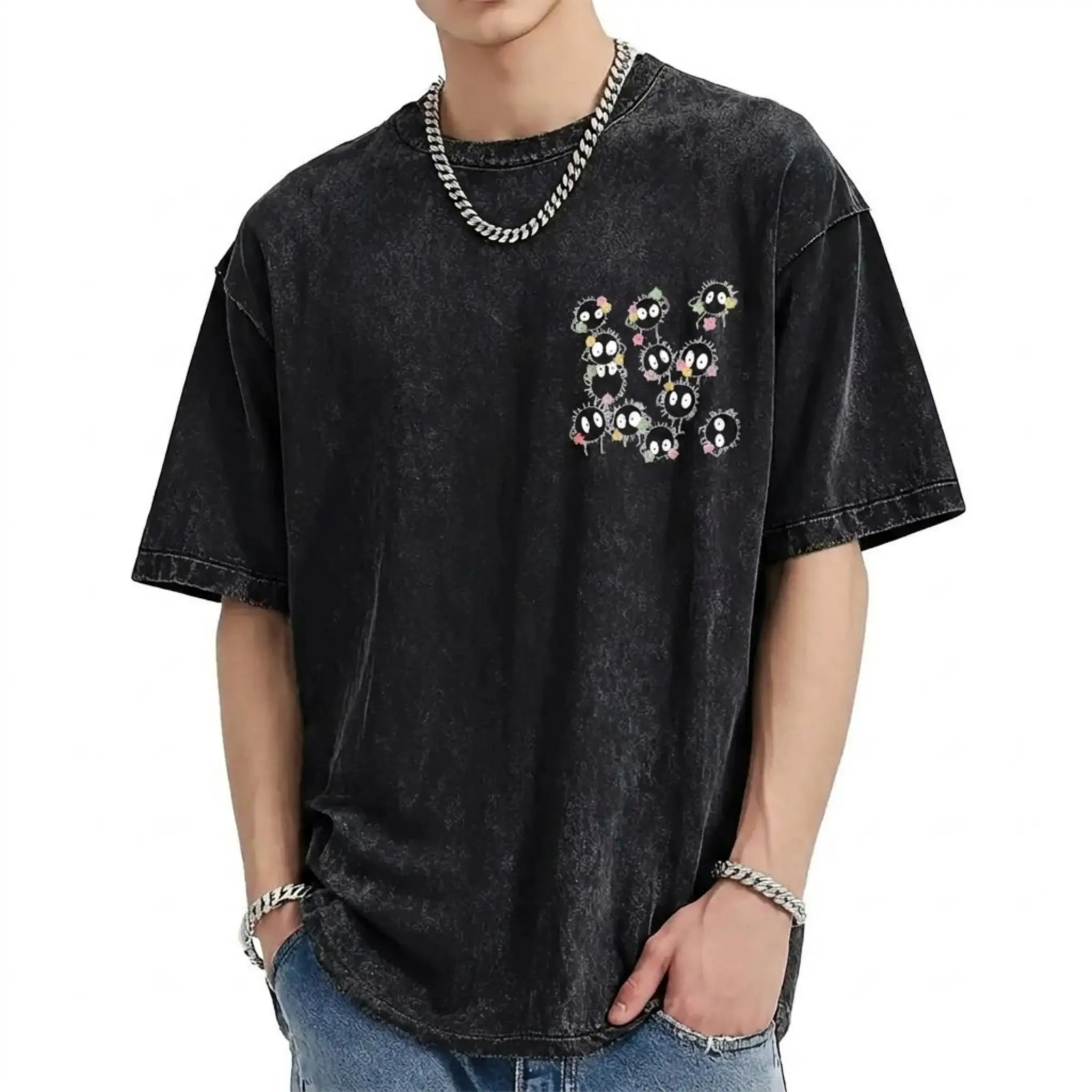 Vintage Washed Studio Ghibli Anime Graphic T-Shirt - Y2K Streetwear Oversized Tee for Totoro, Spirited Away & Howl's Moving Castle Fans - Perfect Gift for Anime Lovers