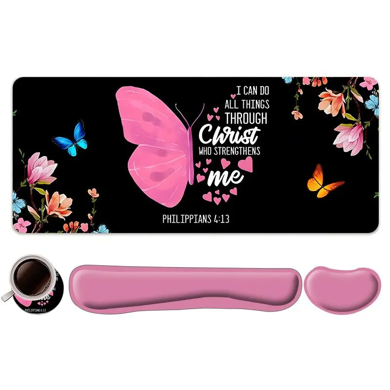 Flower & Butterfly Pattern Mouse Pad & Keyboard Wrist Rest & Coaster Set, Ergonomic Wrist Support, Computer Mat Mouse Pad Coaster for Home Office Gaming, Mousepad, Mouse Pad With Wrist Rest, Mouse Pad And Keyboard Wrist Rest