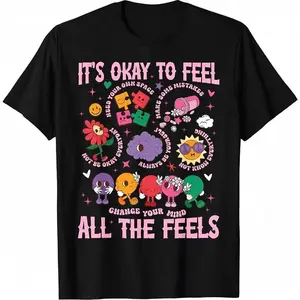 Men's 100% Cotton Basic Casual Comfy T-Shirt - Mental Health Awareness "It's Okay To Feel All The Feels" Graphic, Fashion Fabric Vintage Everyday Top