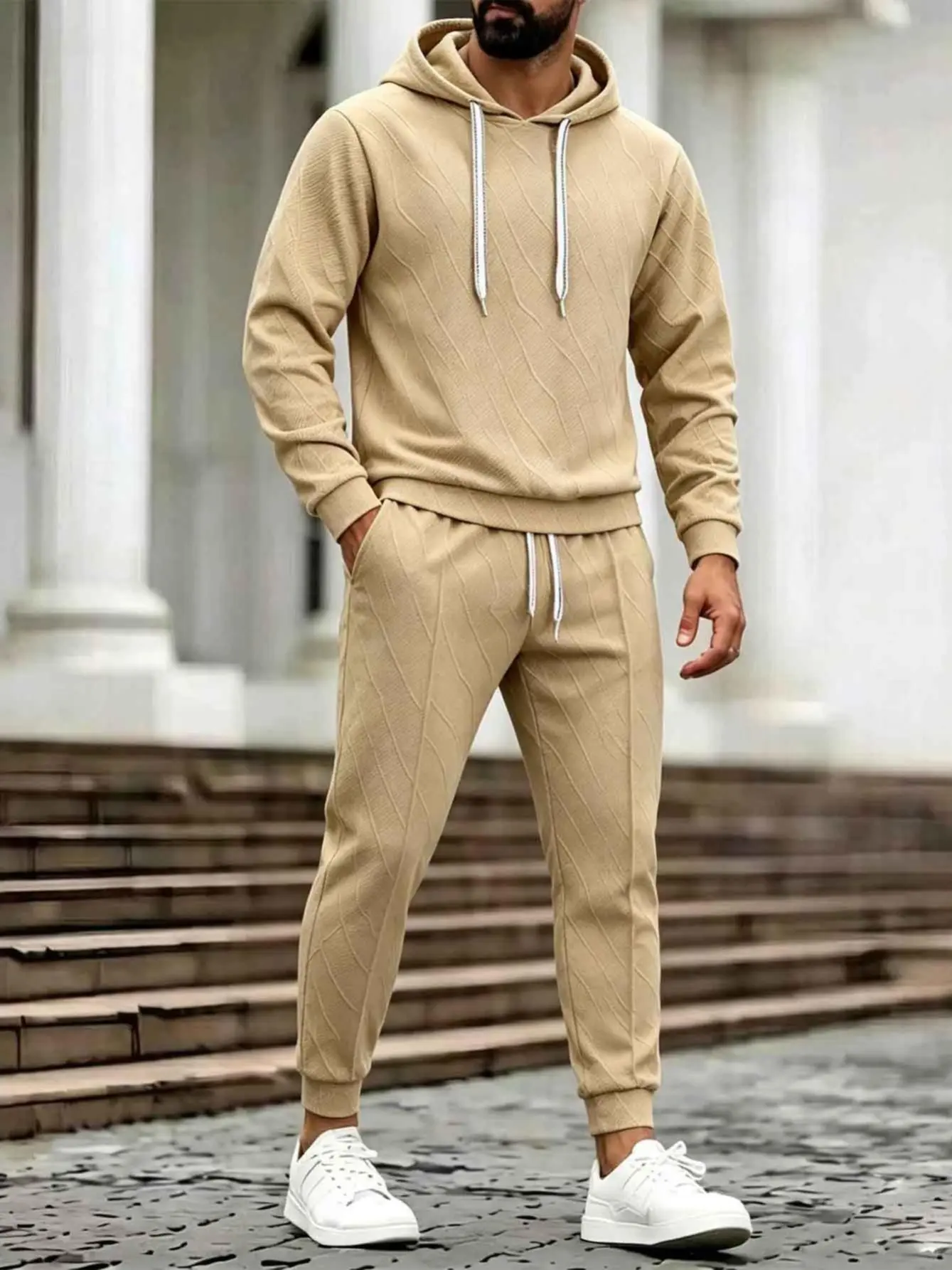 Men's 2 Piece Tracksuit Set, Embossed Jacquard Long Sleeve Hoodie and Joggers, Fitted Male Athletic Basics with Drawstring
