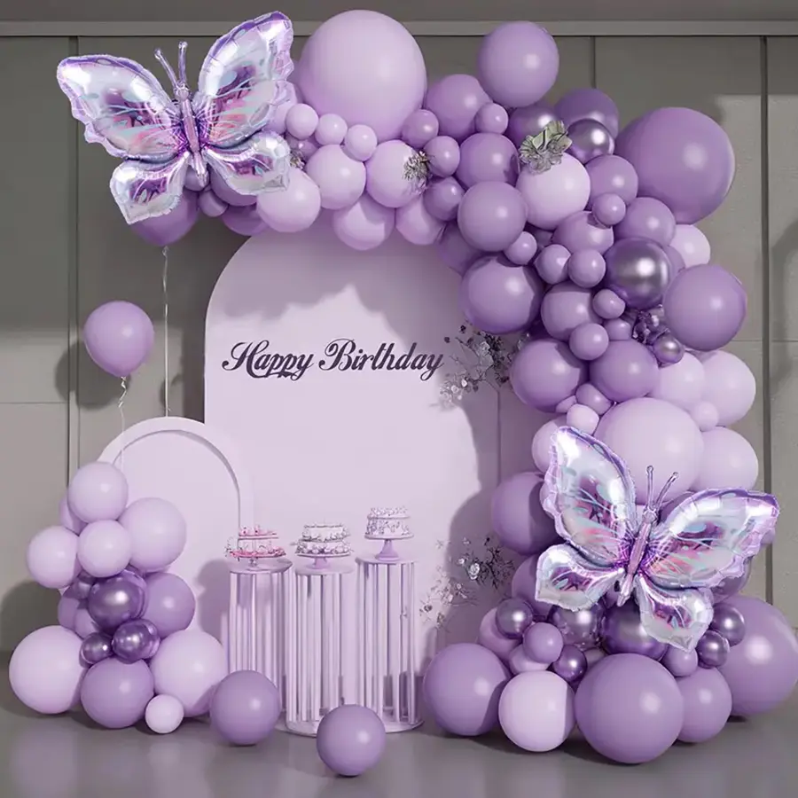 126pcs Purple Metallic Latex Ball Garland Balloons Arch Kit with Butterfly Foil Balloon for Wedding, Birthday Party Background Decoration Supplies