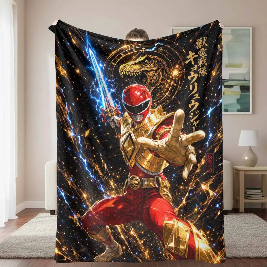 Red Dinosaur Armored Look Flannel Blanket with Galaxy Print, Lightning Hero Design - Soft, Warm, Lightweight Cozy Throw for Home Use, Birthday Gift, Flannel Fabric