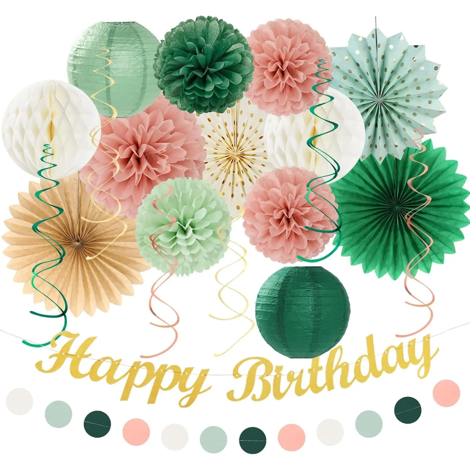 Sage Green & Powder Gold Decorative Bohemian Country Birthday Party Decorations Set - 21 Pieces Banner Set, Olive Vintage Beige Paper Lanterns, Pom-Pom Decor, Neutral-Colored Fringe Wreaths for Girls (Room Decor, Vintage Boho Look)