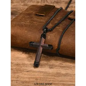 Men's Rustic Wooden Cross Pendant Necklaces - Vintage Stainless Steel Chain Jewelry, Lightweight Durable Accessory for Daily Wear, Casual Outfits