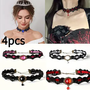 4Pcs Gothic Vintage Choker Necklaces Set - Black Lace with Red Synthetic Gemstone Teardrop Pendant, Sexy & Versatile for Women's Daily Wear & Party - Intricate Lacework, Dark Aesthetic, Must-Have Party Jewelry Set for Fashion Enthusiasts