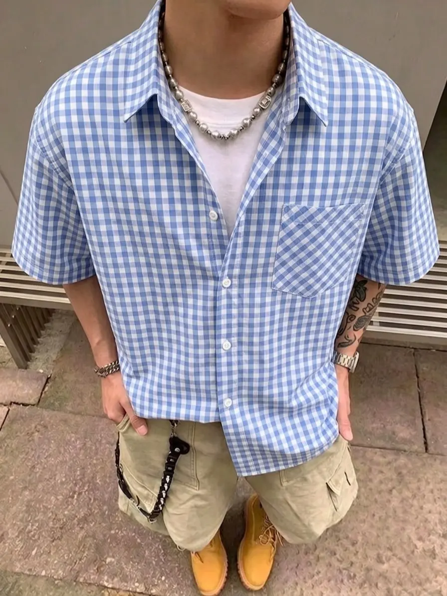 Men's Classic Plaid Shirt, 100% Cotton Collared Neck Summer Top, Lightweight and Breathable Retro Style with a Neat Fit for Vacation or Evening Wear, Teenage Boys, Husbands, Button, Casual, Fashion, Color-Sorted Wash, Do Not Bleach, Shortsleeve, Checked,,