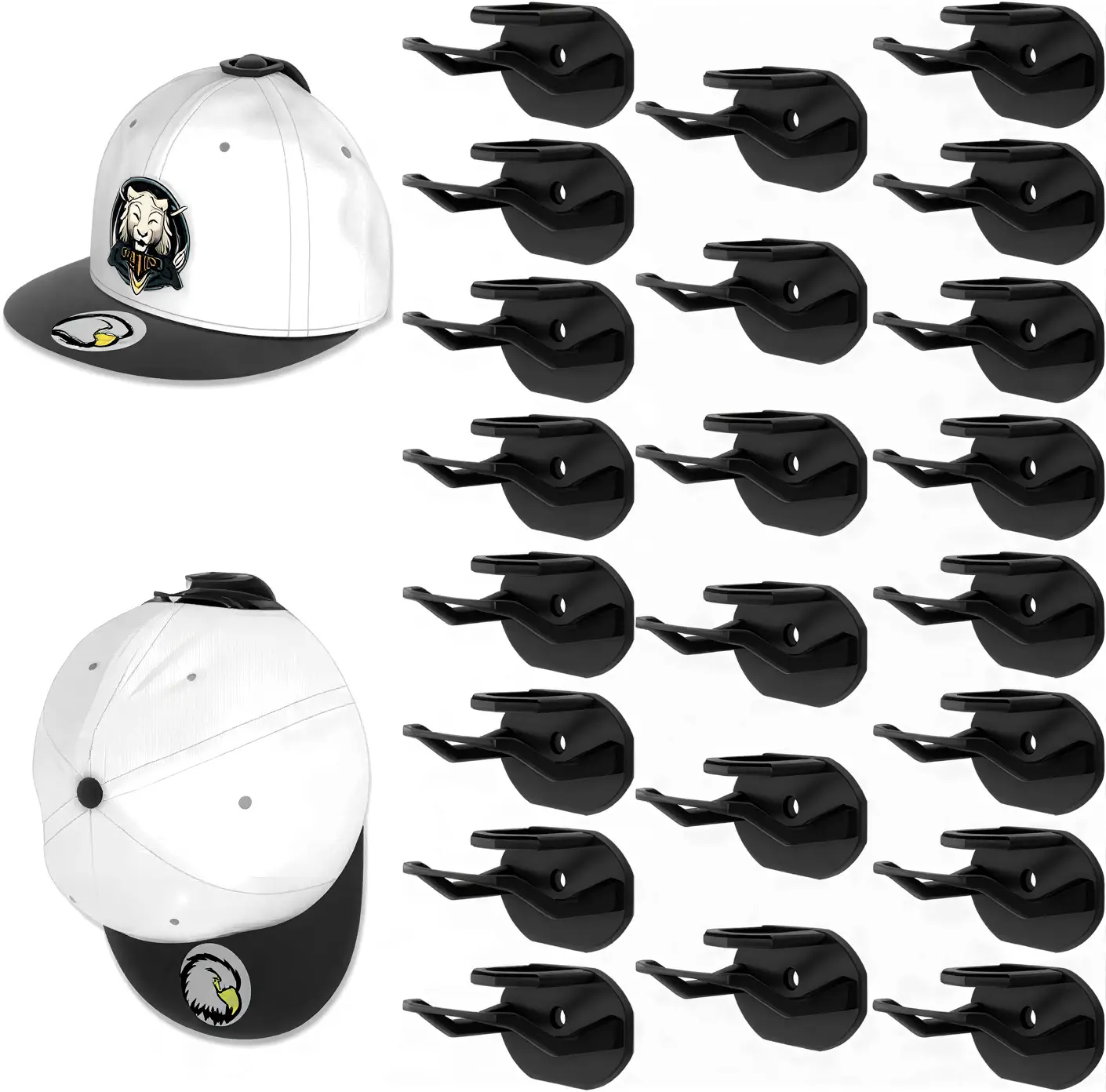 HatStow 24-Pack Wall-Mounted Hat Hooks - Minimalist ABS Strap Baseball Cap Organizer, No-Drill Durable Adhesive Hanging Hangers, Easy Installation, Home Decor Storage Solution