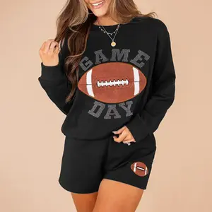 Women’s Black Rhinestone GAME DAY Rugby Football Graphic Pullover and Shorts Casual Outfit