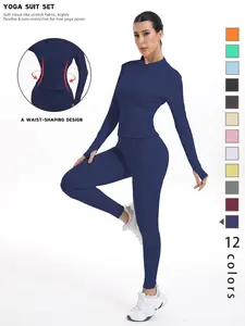 Women's Sporty Quick-Dry Two-Piece Set, New Fashion Slim Fit Yoga Pants, High Elasticity Long Sleeve Top, 12 Colors Available