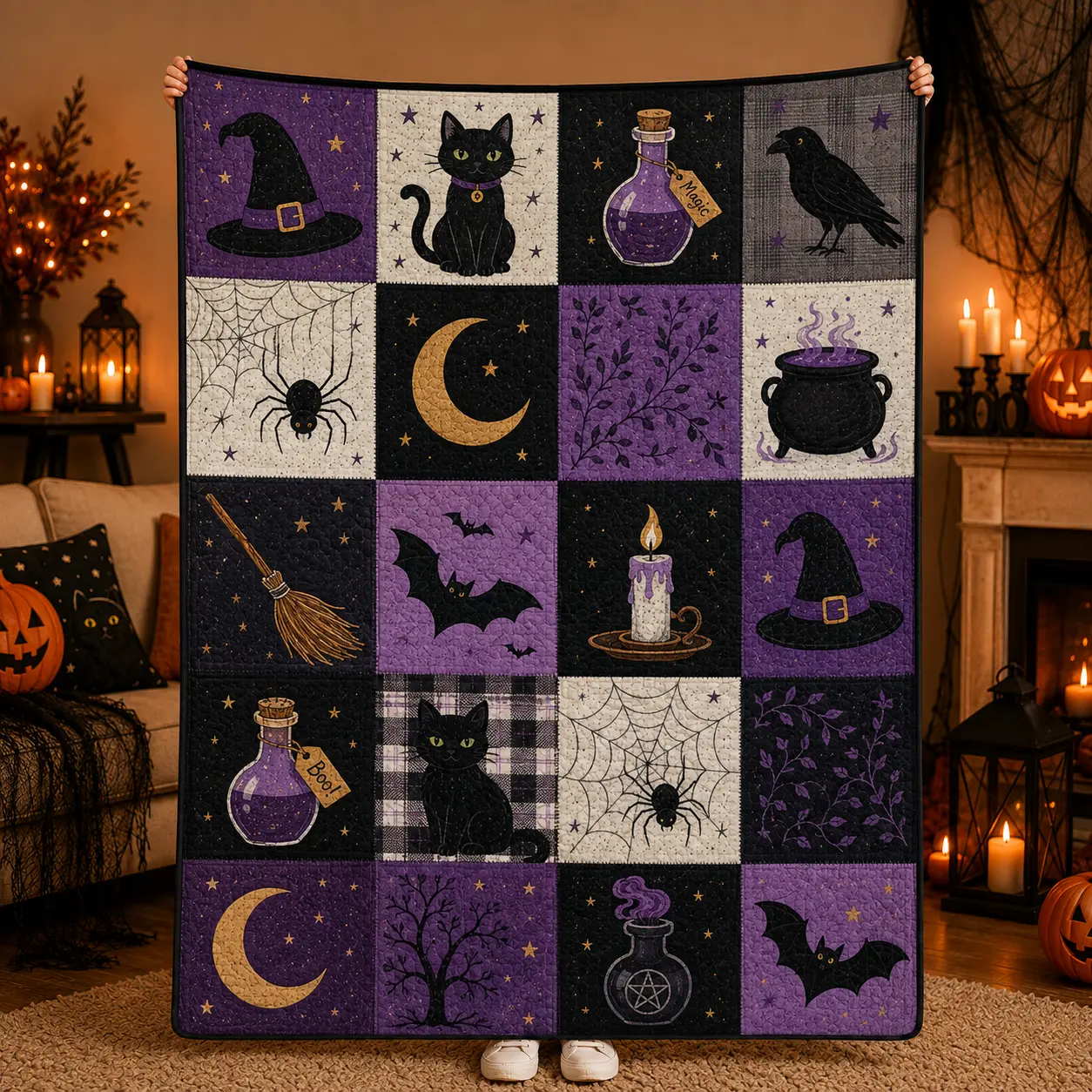 Purple Gothic Halloween Patchwork Throw Blanket, Soft Flannel Witch Hat Black Cat Potion Bottle Bat and Moon Print for Bedroom and Spooky Lounge Decor, Lightweight Bed Throw for Movie Night, Halloween Gift for Teens, Adults and Witchy Decor Fans