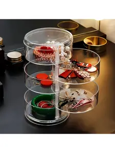 1pc 5-Layer Rotating Jewelry Storage Box - Acrylic Transparent Dividers & Dustproof Lid, Space-Saving Desktop Organizer for Earrings, Necklaces, Bracelets, Hair Clips and Cosmetics, Light Luxury & Elegant Jewelry Organizer