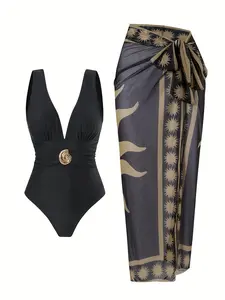 Black Deep V One Piece Bathing Suit with Sun Print Sarong Wrap Tummy Control Swimsuit Cover Up Set Boho Resort Vacation Outfit for Women Casual Womenswear Summer Dress,summervibes