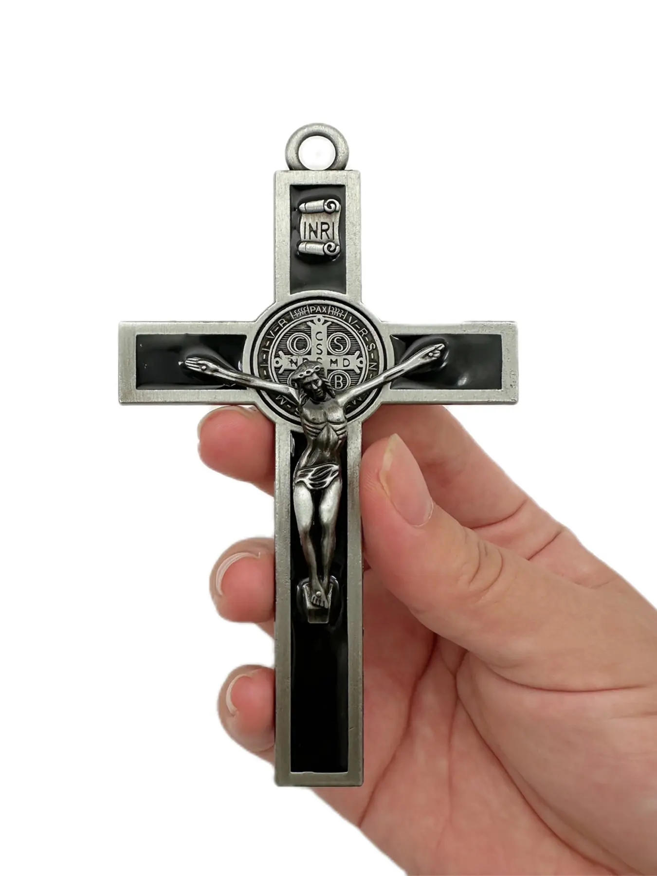 St. Benedict Crucifix Wall Cross, 5x2.7 Inch Metal Wall Art, Cross Design, Black White Brown Enamel Saint Benedict Crucifix ,Catholic Gift for Home & Car Decoration, Stylish Religious Decor, Religious Decorations