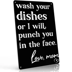 Wash Your Dishes Or I Will Punch You In The Face Love Mom 12x8 Inch Aluminum Metal Sign - Funny Kitchen Wall Decor for Home, RV, Dorm - Modern Black Tin Sign Gift for Moms, Family, Housewarming Indoor Home Decoration