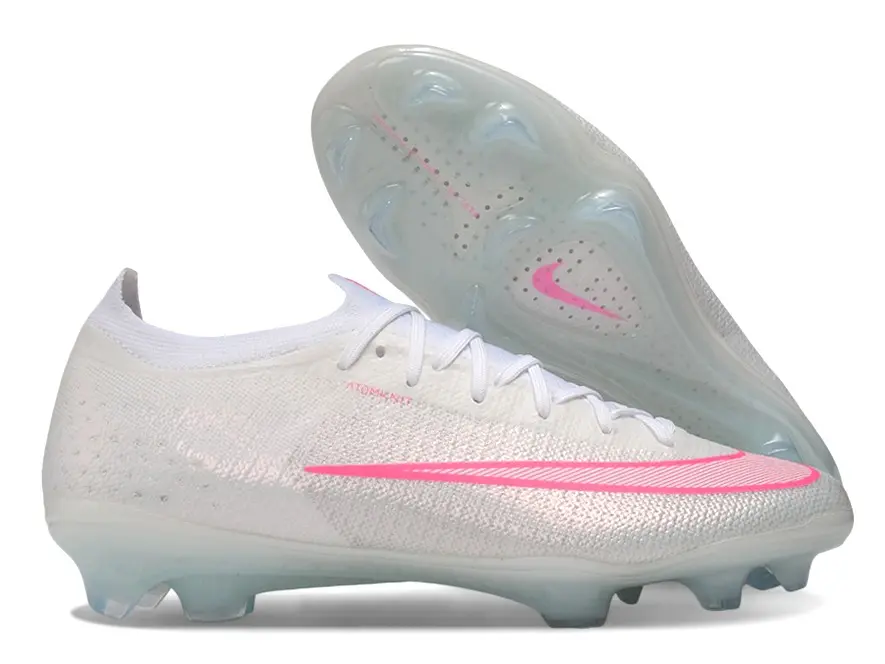 White Iridescent Pink Accent One-piece Knit FG Firm Ground Professional Match Soccer Cleats