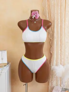 Women's Casual Wave Pattern Two-Piece Swimsuit Set, Special Fabric with Colorful Edging, Active Style Swimwear for All Seasons