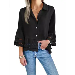 Women's Casual Ruffled Hem Blouse with Cutout Detail - 3/4 Sleeve Button- Shirt in White, Polyester, Square Neck, Perfect for Spring & Fall Streetwear, Elegant Long Sleeve Button Blouses Top Collar Fabric Womenswear