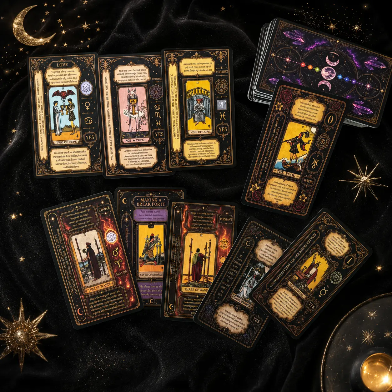 78 x Premium Foil Tarot Card Set - Waterproof, Wrinkle-Resistant, Unisex for Beginners, with Printed Meanings, Keywords, Daily Affirmations, Zodiac Signs, Chakras, Planets, Elements, Yes-or-No Oracle Reading & Guide Book for Spiritual Witchcraft, 78 Cards