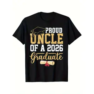 Men's Proud Uncle of a 2026 Graduate T-Shirt - Black Crew Neck Casual Tee with Golden & White Graduation Cap & Diploma Design, Comfortable Regular Fit, Machine Washable Class of 2026 Gift for Uncles, Family Events & Graduation Parties