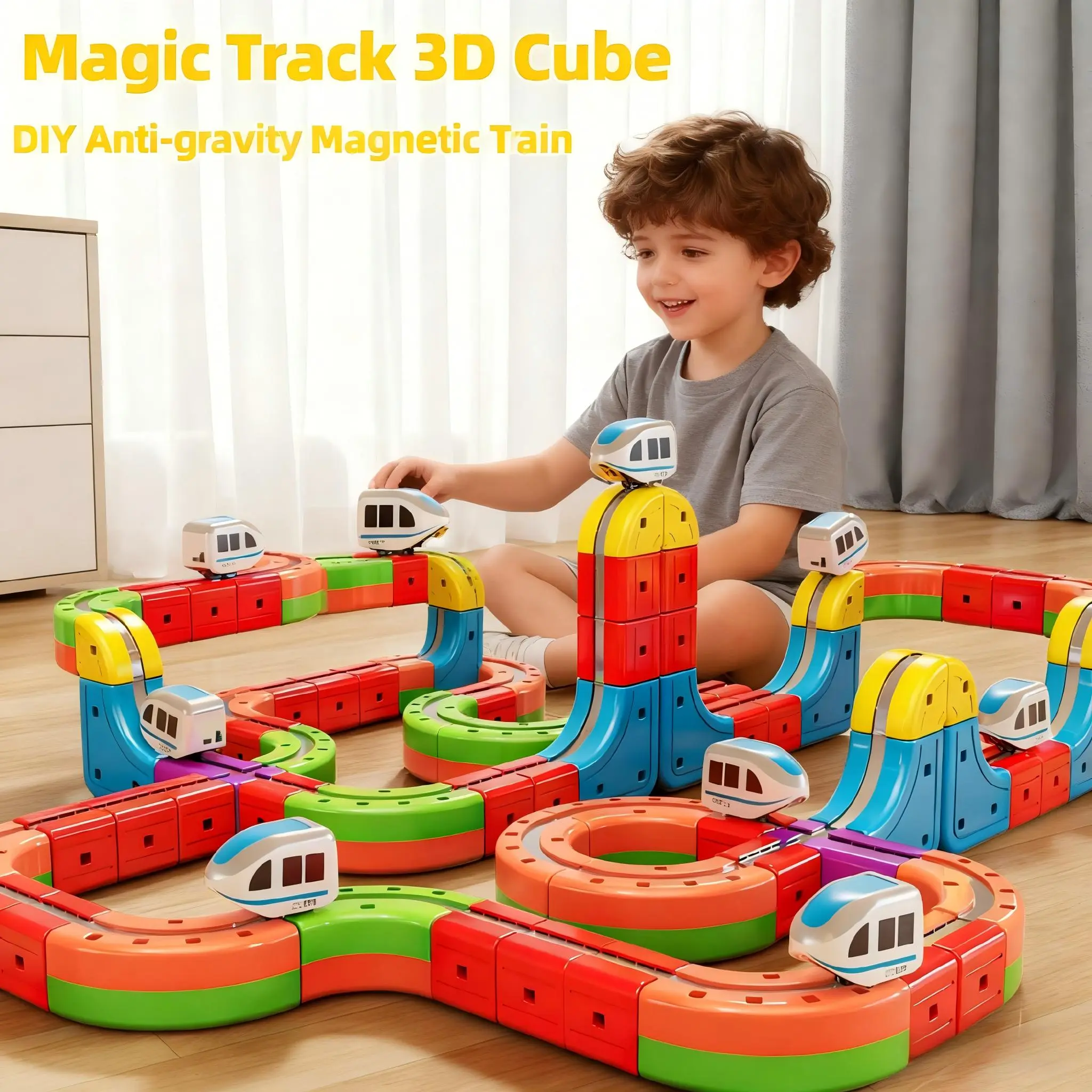 Rail Cube Electric Train Set for Kids - 3D Gravity-Defying Racing Track with Electric Magnetic Train, Traffic Signs - BPA-Free STEM DIY Transportation Toy, Thanksgiving/Party Favors, Birthday Gift for Ages 3,5,6,8,10 Boys Girls