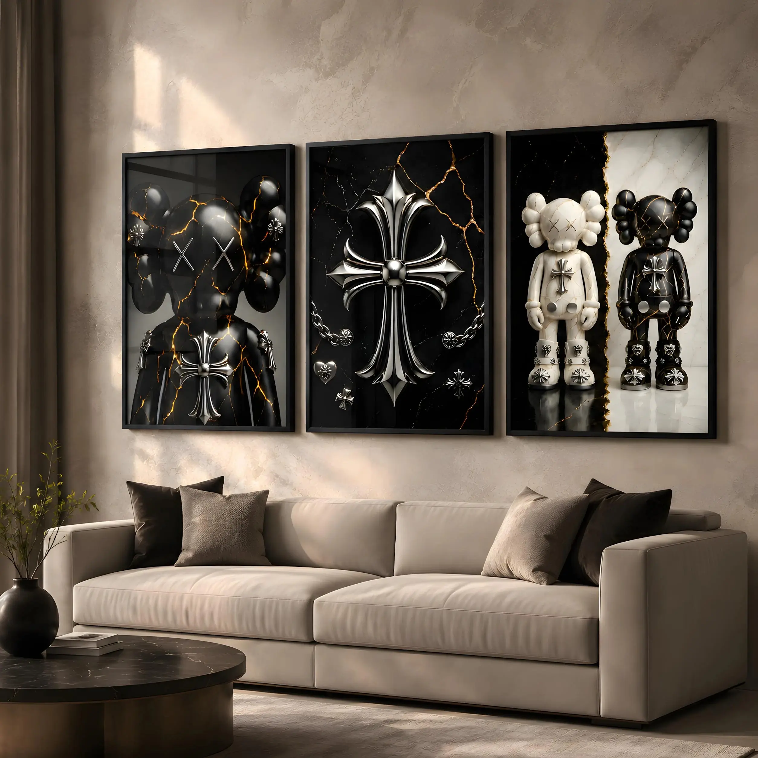 Luxury HypeBeast Kaws Wall Art Poster Set Of 3, Kaws Chrome Hearts Hypebeast Room Decor, Black and White Kaws Posters,Kaws Figures Print Set