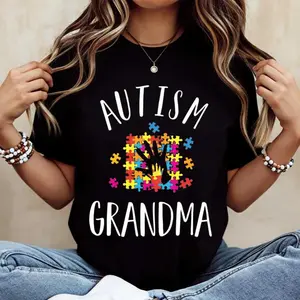 Autism Grandma Puzzle Pieces Print T Shirt Casual Loose Fit Top for Women Autism Awareness Gift Daily Wear