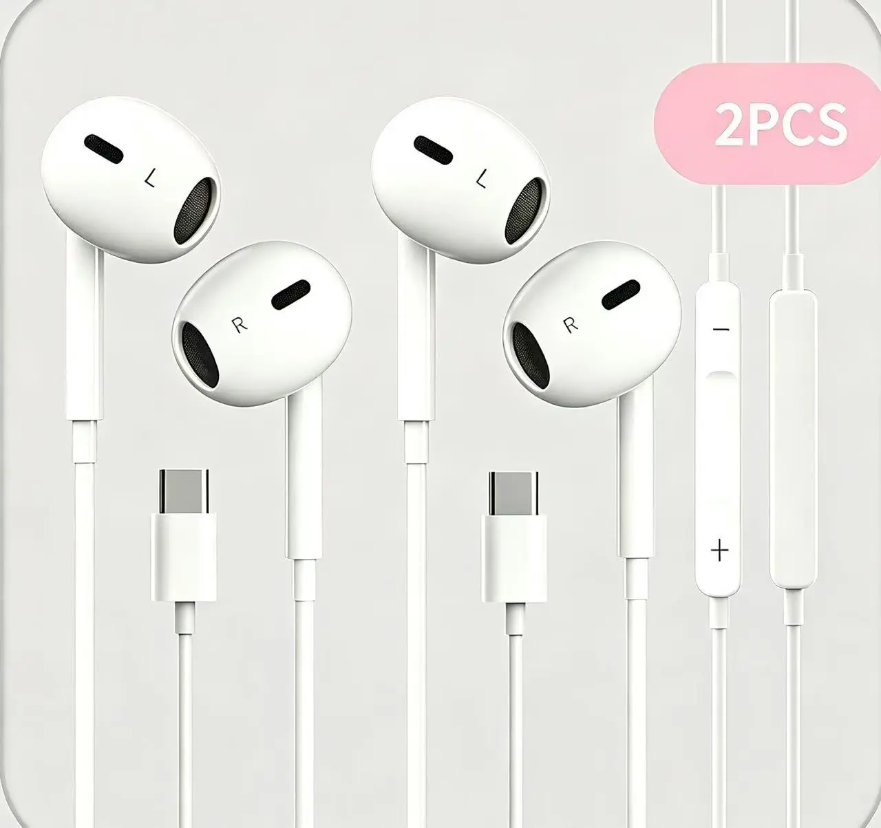 2 Pack Type-C Wired Earphones with Mic Remote Control, In-Ear USB C Headphones for Calls Music, Compatible iPhone 15/16/17 Samsung Google Pixel