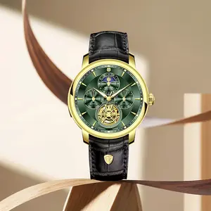 NAMKIN Men's Automatic Mechanical Watch | Gold - Toned Case, Green Dial with Tourbillon & Moon Phase, Black Leather Strap | Luxury Timepiece for Style & Precision class  watch mechanical style watch