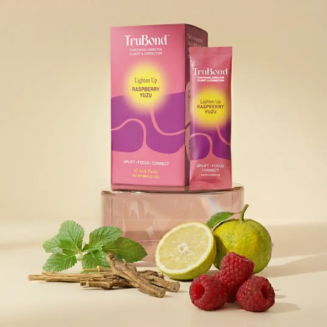 TruBond Lighten Up Adaptogen Functional Drink Mix, Ashwagandha and Reishi for Stress Resilience and Balance, Caffeine-Free, Soft Raspberry Yuzu Stick Packs