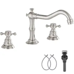 Modern 8 inch 2 Handle 3 Holes Widespread Bathroom Sink Faucet Brushed Nickel Bathroom Vanity Faucet Basin Mixer Tap Faucet with Pop Up Drain