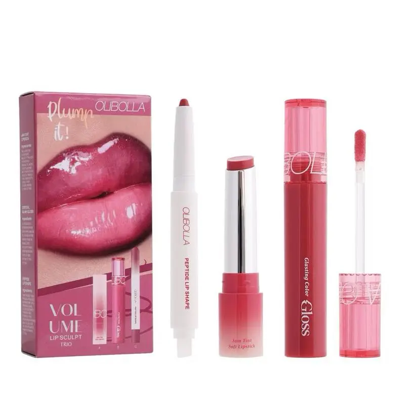 OLIBOLLA Volume Lip Sculpt Trio Set, Long-Lasting Waterproof Lip Tint Set with Super Bass Lipstick & Halo Glow Lip Gloss, 3-in-1 Lip Liner Gift Box for Flawless High-Shine Glossy Lips K-Beauty