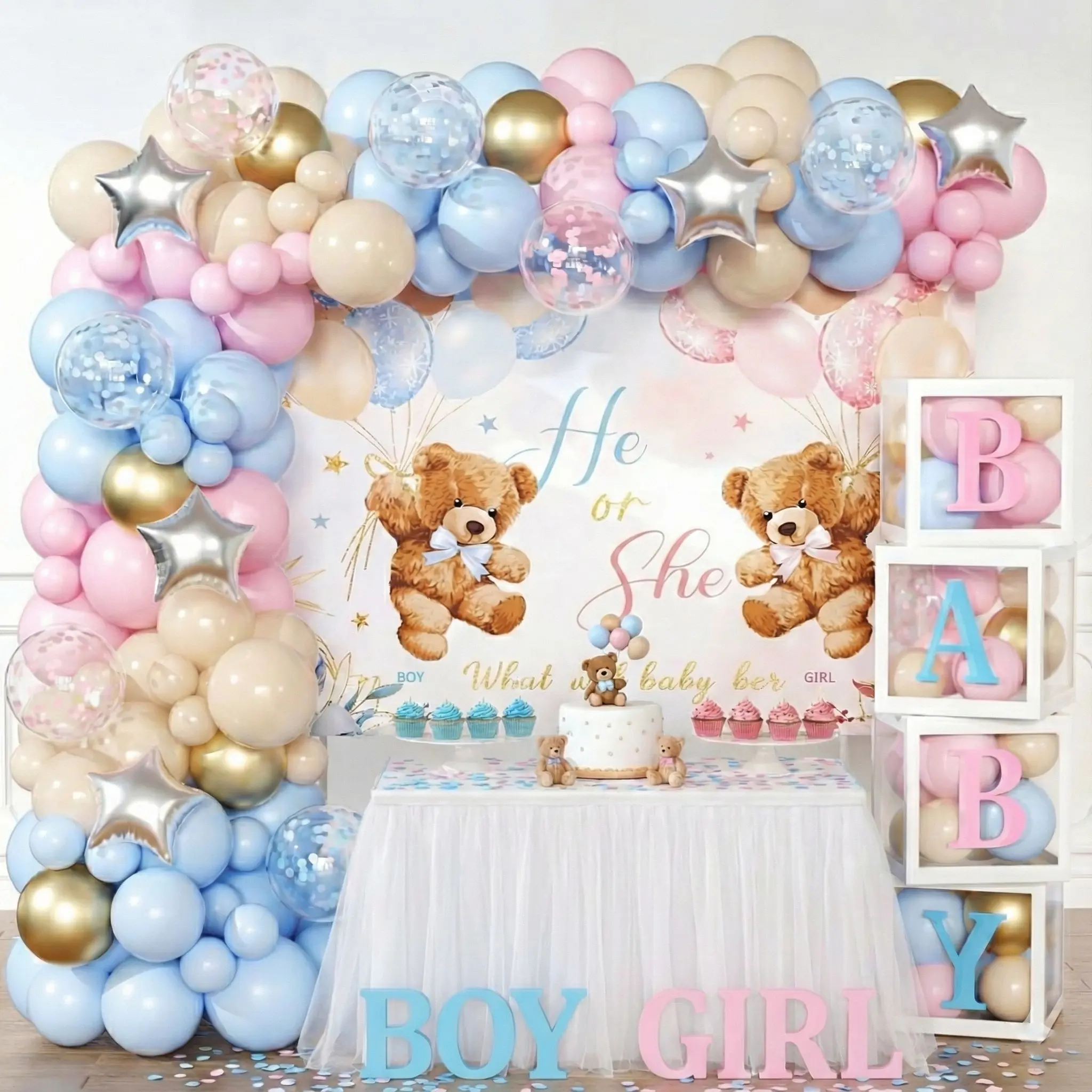 Bear Gender Reveal Decorations Set - Balloon Boxes with Letters, Pink Blue Nude Balloon Arch Kit, Teddy Bear Baby Shower Backdrop - 158pcs