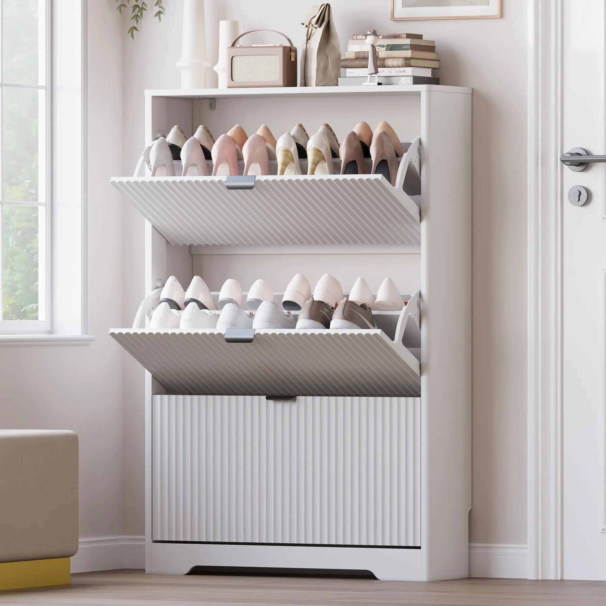 Natural Finish Shoe Cabinet Storage for Entryway with 3 Flip Drawers, Black Fluted Shoe Cabinet with Adjustable Shelves, Wooden Hidden Shoe Rack Freestanding Narrow Slim Shoes Storage for Hallway, Entrance fathers day gift ideas