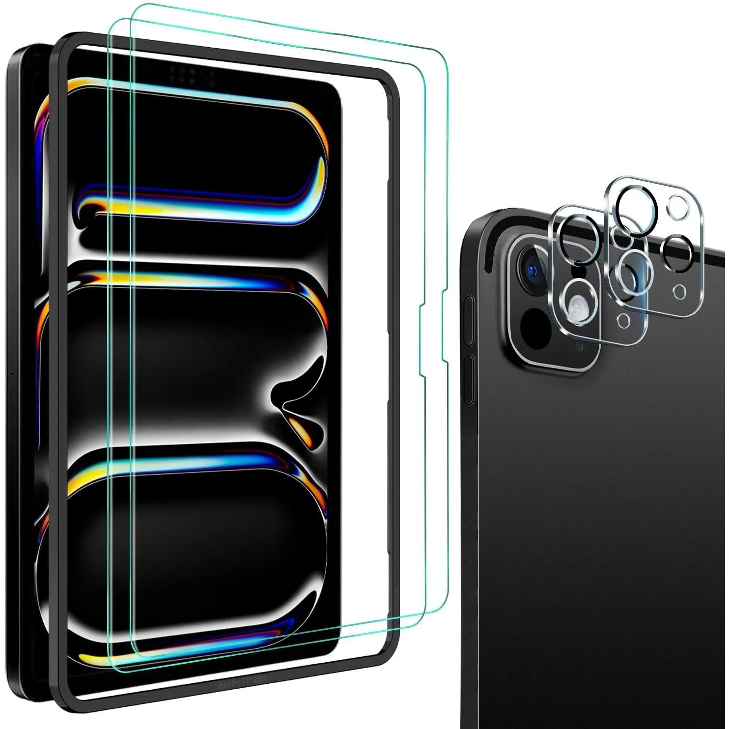 Screen Protector for iPad Pro 11 Inch M4 (2024) [with Camera Lens Protector], Full Coverage Tempered Glass, [Face ID & Apple Pencil Compatible], with Easy Installation Frame, HD Clear [2+2 Pack]