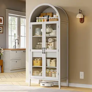 【SPOTLIGHT DAY】ONBRILL 71" Tall Arched Cabinet, 5-Tier Arched Kitchen Pantry with Glass Doors & Drawer, Modern Display Pantry Cabinets with Adjustable Feet, Wooden Pantry for Kitchen, Living & Dining Room, White