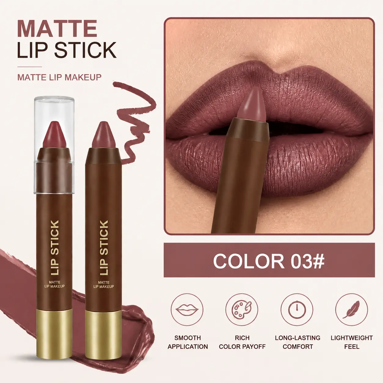 Chocolate Matte Lipstick Pencil, 3 Chocolate-Toned Color Options, Creamy & Highly Pigmented Lip Color, Smooth Gliding Soft Matte Lip Makeup, Rich Color Payoff, Lightweight Comfortable Lip Products for Daily Use