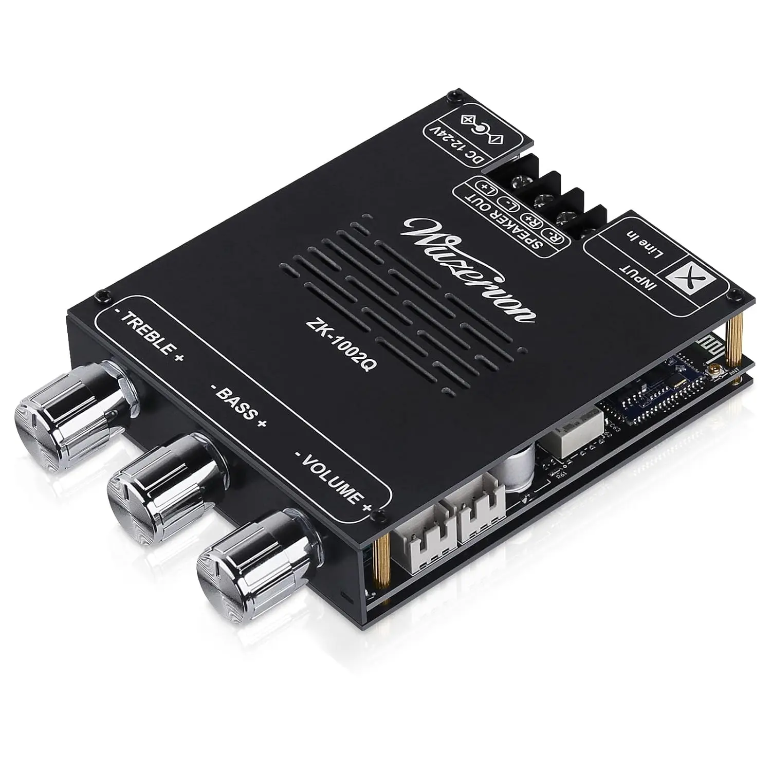 Bluetooth 5.1 Amplifier Board, ZK-1002Q 2.0CH 100W*2 Power Out Mini Stereo Audio Amps with Treble and Bass, AUX Lossless Output, DC 12-24V for DIY Speakers (ZK-1002T Amp Upgraded)