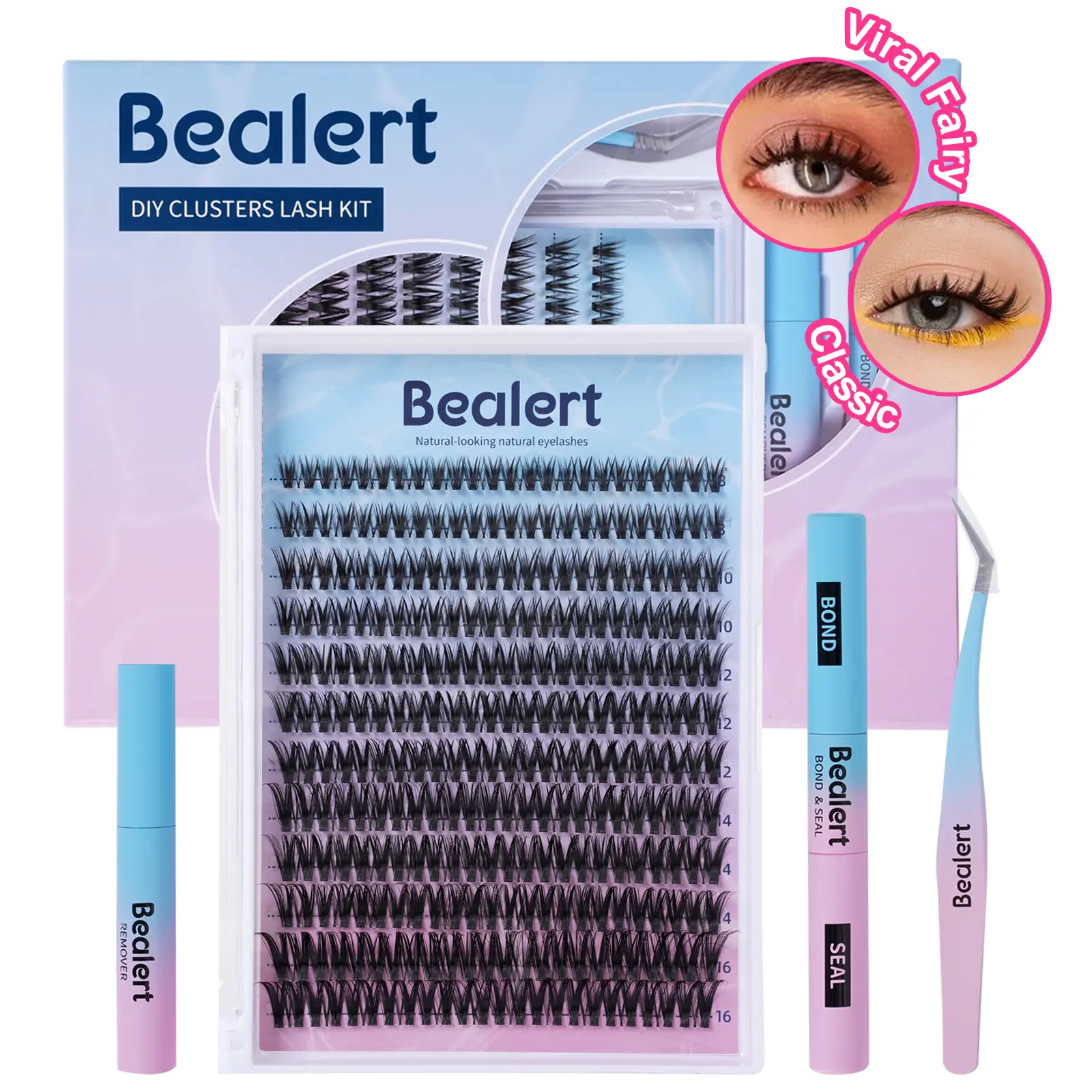 BEALERT DIY Lash Extension Kit, 144 Pcs Curly Lash Clusters, 8-16mm Mixed Lengths for Natural Fluffy False Eyelashes, Includes Long-Lasting Bond & Seal Adhesive and Tweezers, Lash Extensions